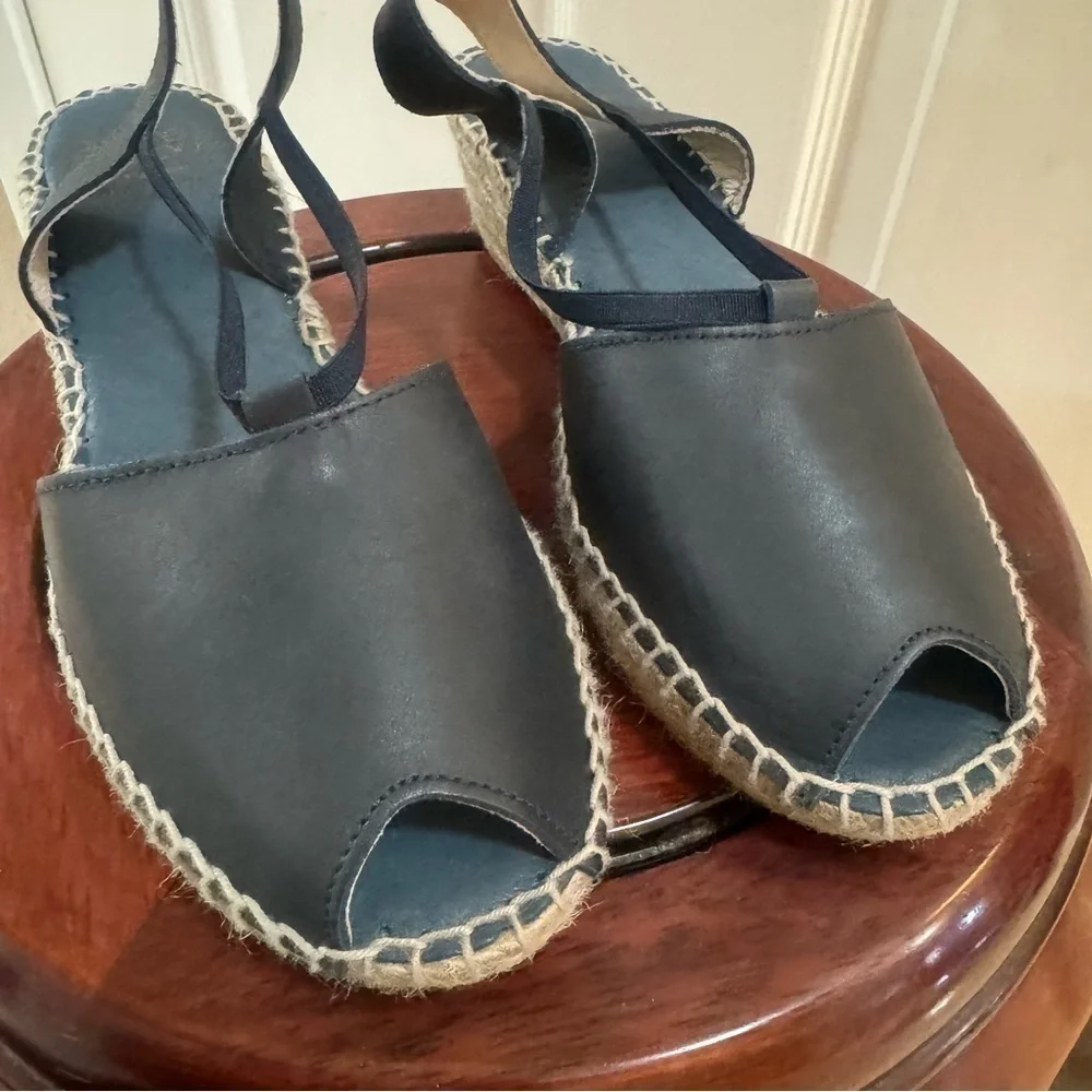 Andre Assous DAINTY Navy Blue Leather & Raffia Espadrilles Sandals 37